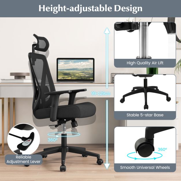 Ergonomiczny fotel biurowy z siatki, regulowany, obrotowy, czarny