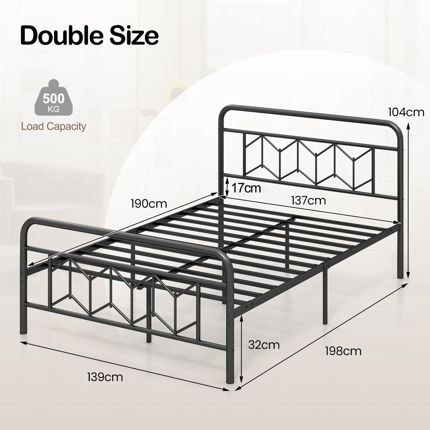 Single/Double/King Size Metal Bed Frame with High Headboard and Mute Bar-Black-Full Size