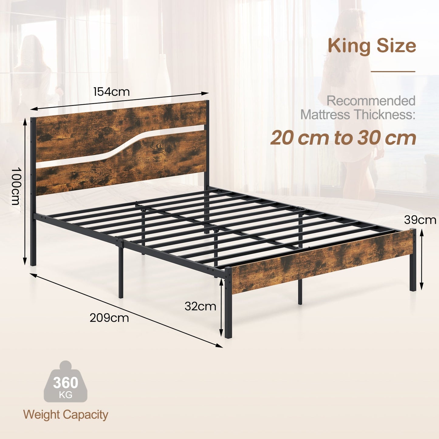 Single/Double/King Metal Bed Frame with Wooden Headboard and Footboard-Rustic Brown-King size