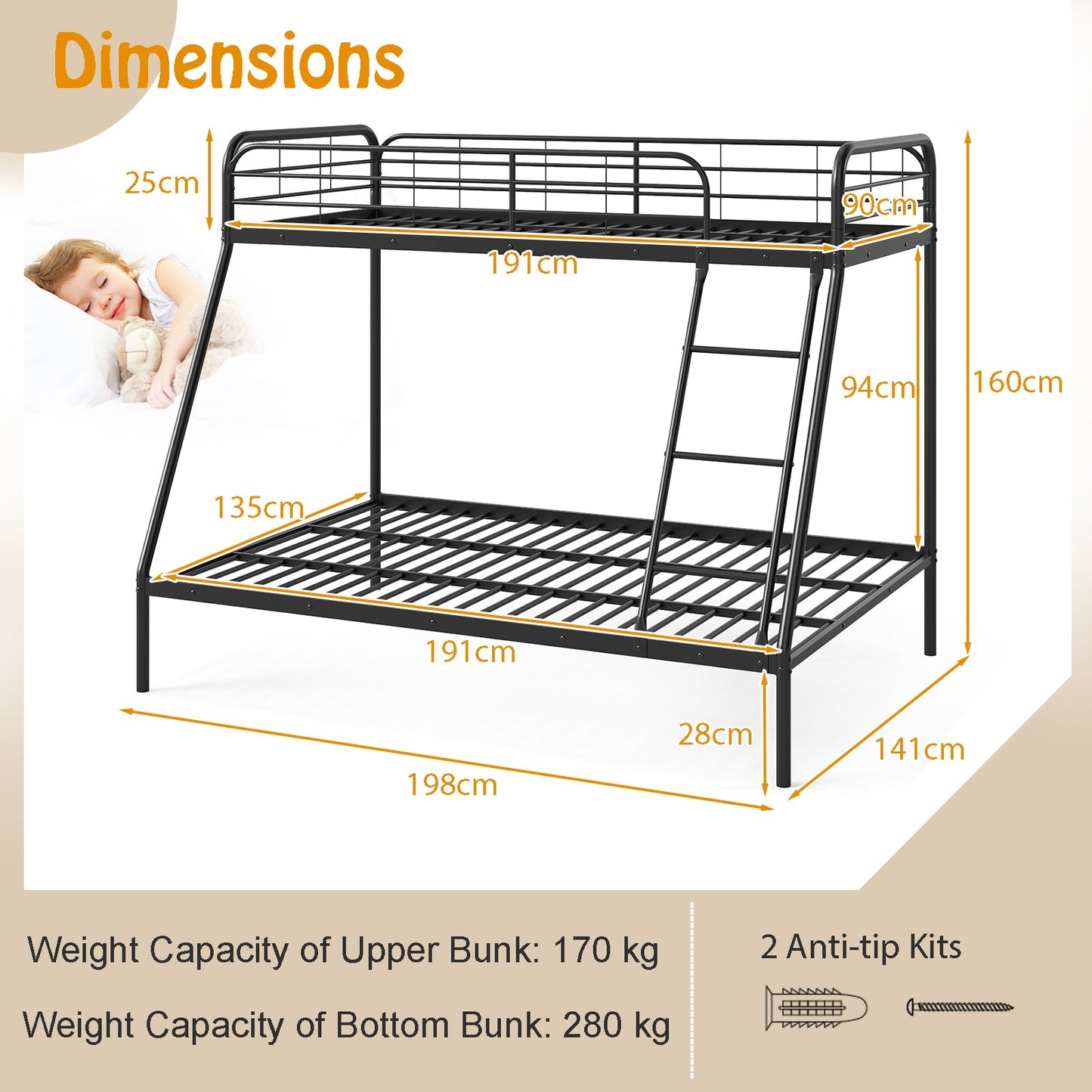 Metal Bunk Bed with Ladder with Safety Guardrail for Teens Adults-Black