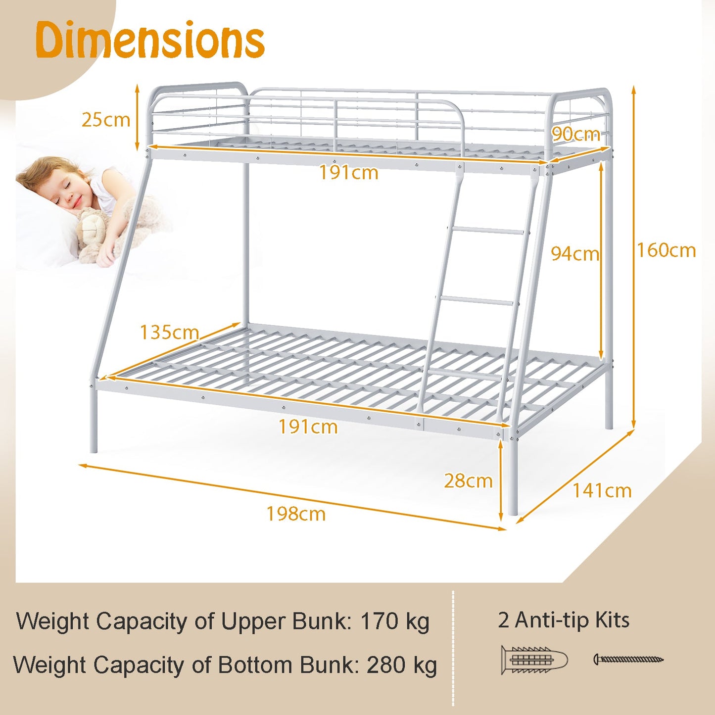 Metal Bunk Bed with Ladder with Safety Guardrail for Teens Adults-White