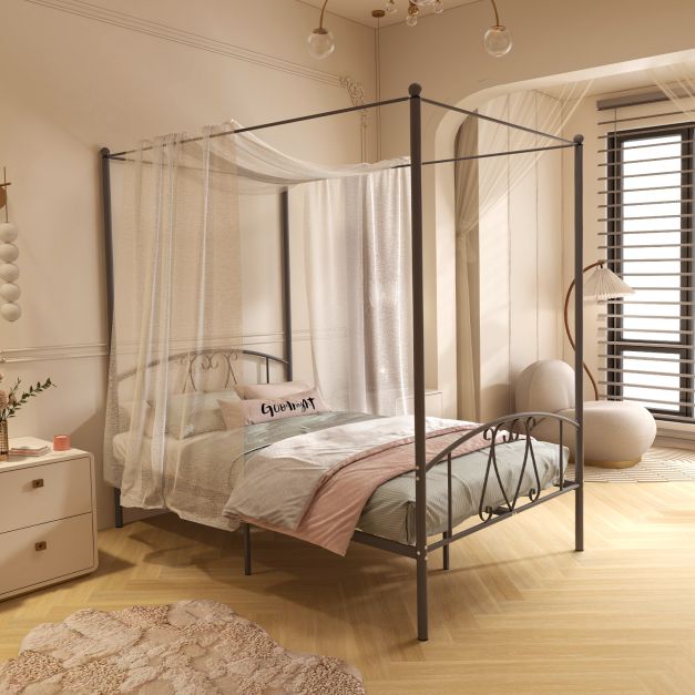 Double Size Metal Canopy Bed Frame-Grey
