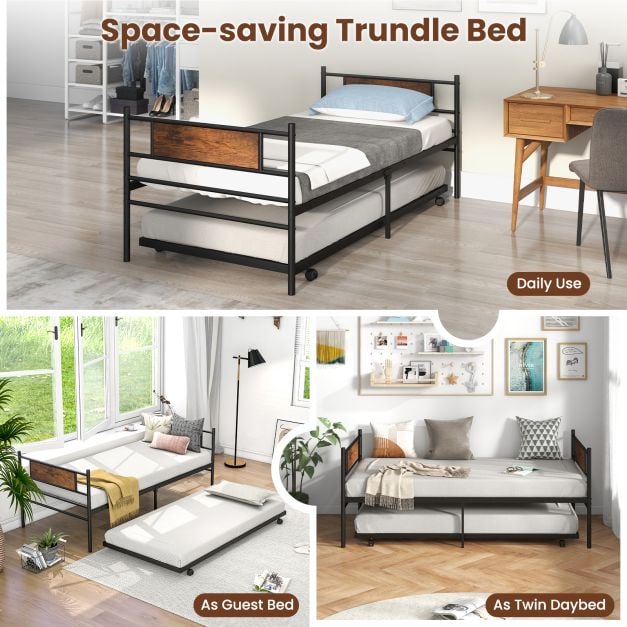 Metal Daybed with Pull-out Trundle Sofa Guest Bed with Wheels-Single Size