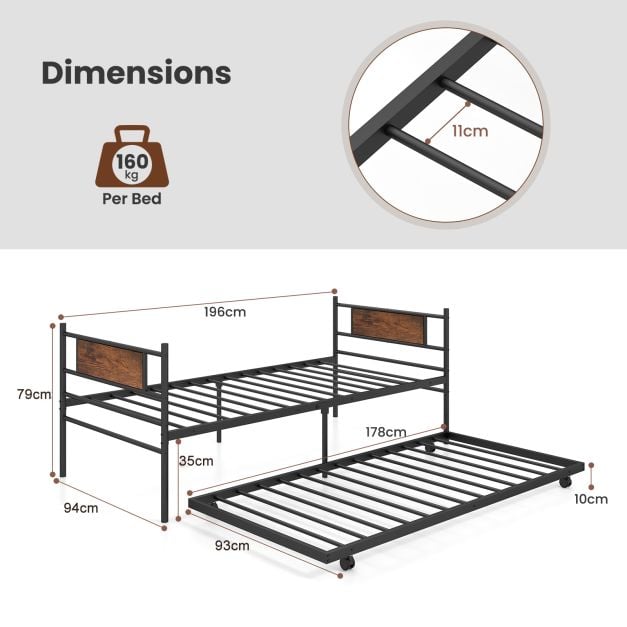 Metal Daybed with Pull-out Trundle Sofa Guest Bed with Wheels-Single Size