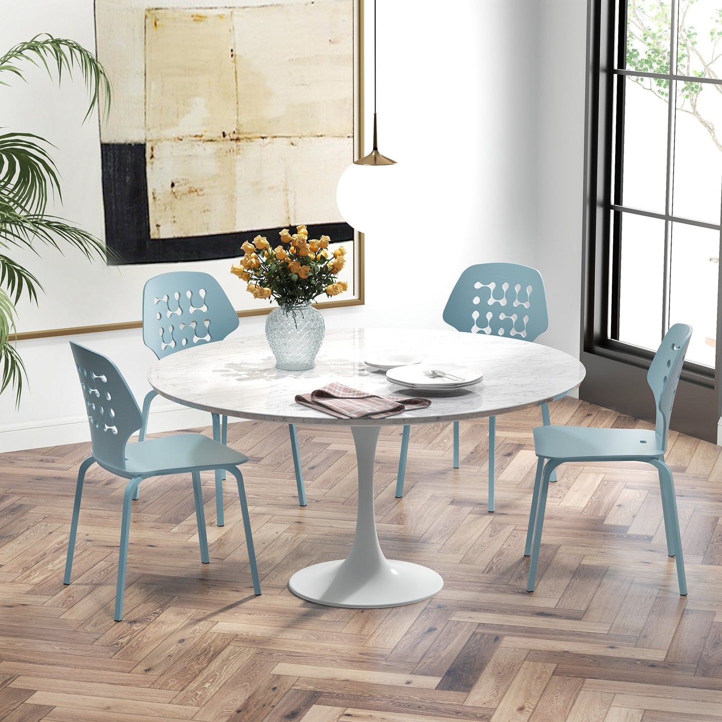 Metal Dining Chair Set of 4 with Hollowed Backrest and Metal Legs-Blue