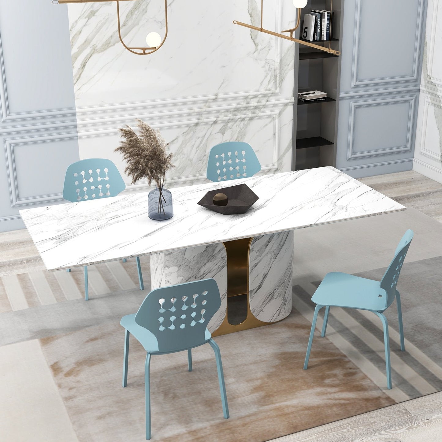 Metal Dining Chair Set of 4 with Hollowed Backrest and Metal Legs-Blue