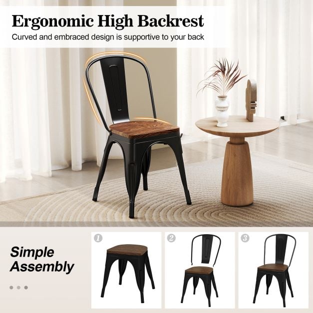 Metal Dining Chairs Set of 4 Stackable Kitchen Side Chairs-Black