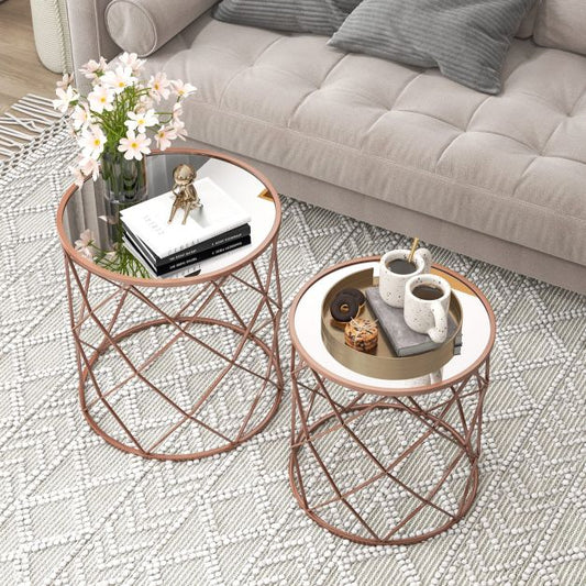 Stackable Metal Frame End Table Set of 2 with Mirrored Top-Rose Gold