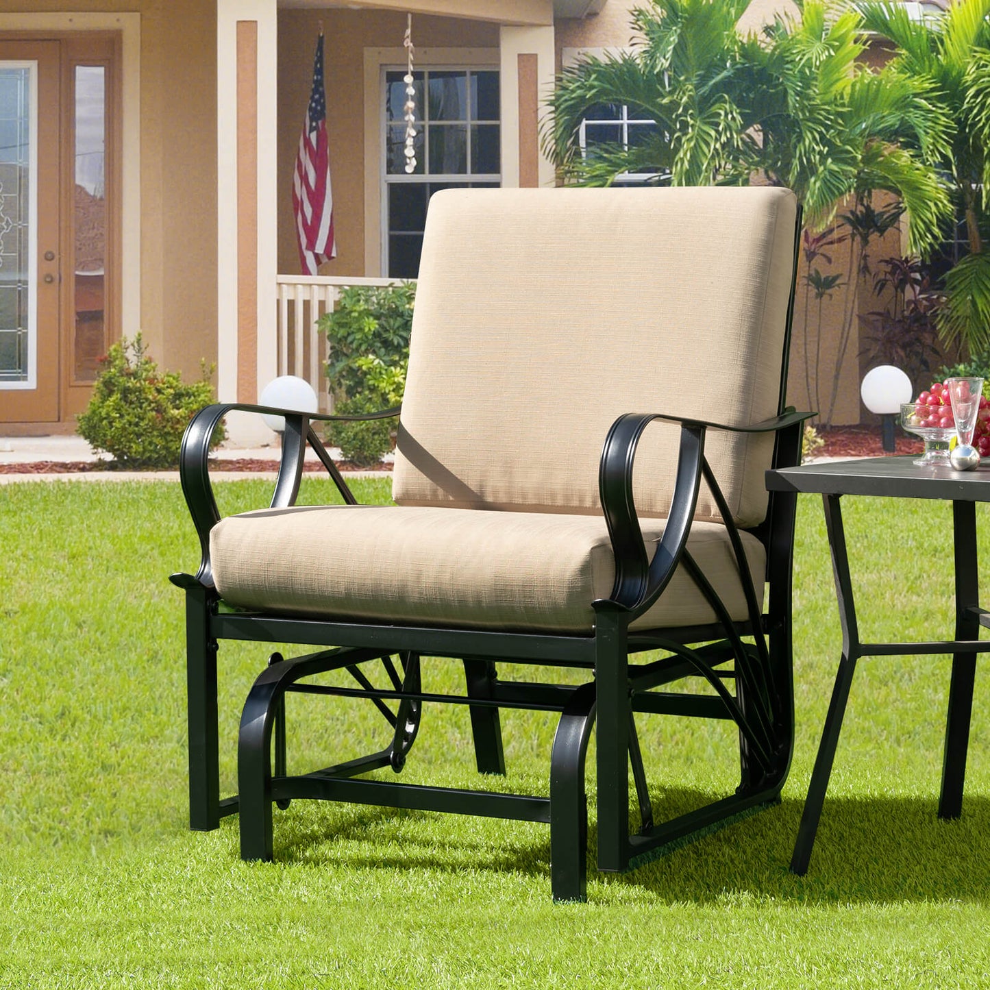 Metal Frame Outdoor Indoor Gliding Armchair with Cushion-Brown