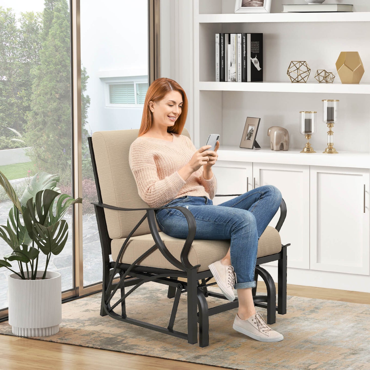 Metal Frame Outdoor Indoor Gliding Armchair with Cushion-Brown