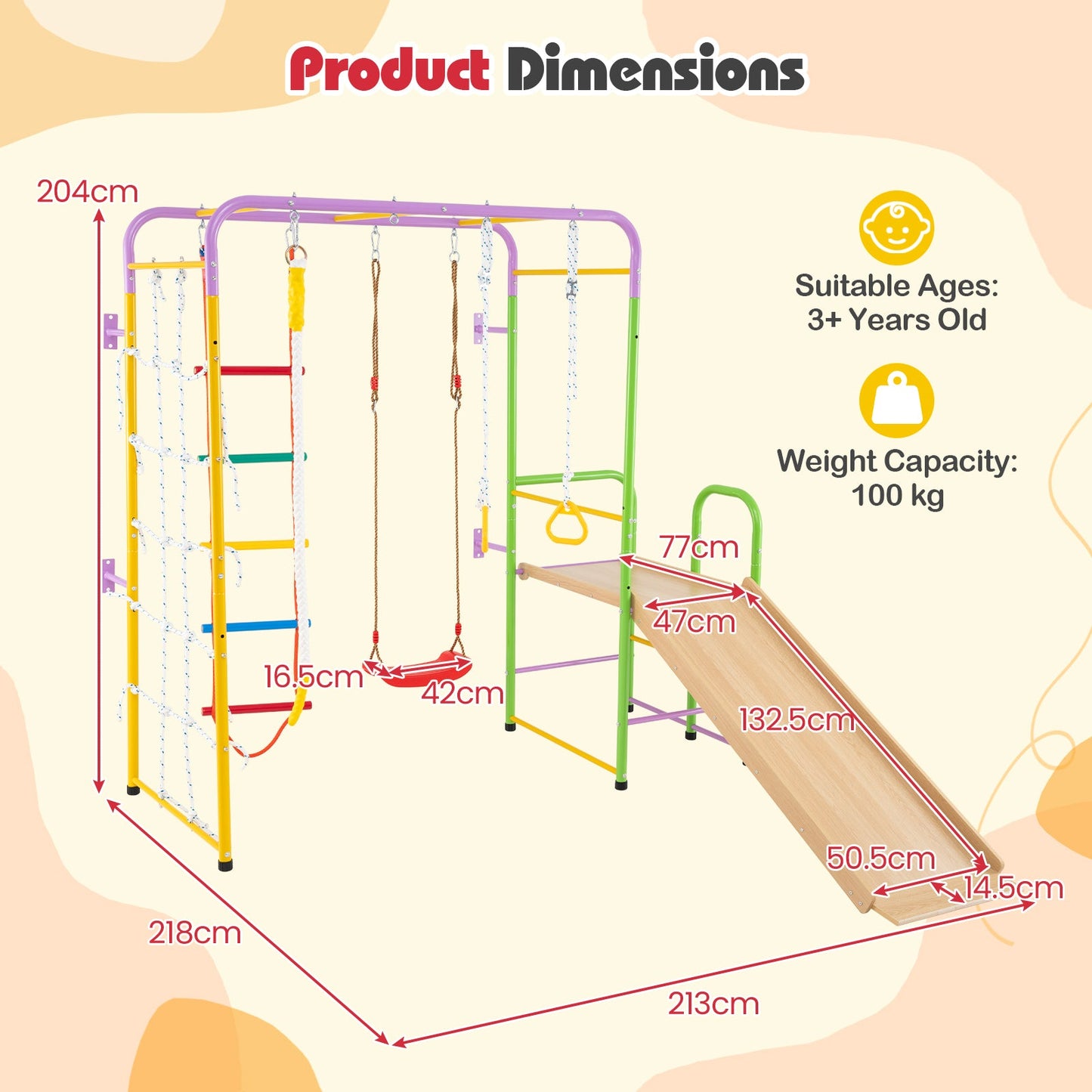 Metal Indoor Jungle Gym 8-in-1 Climbing Playset for Ages 3+-Colourful