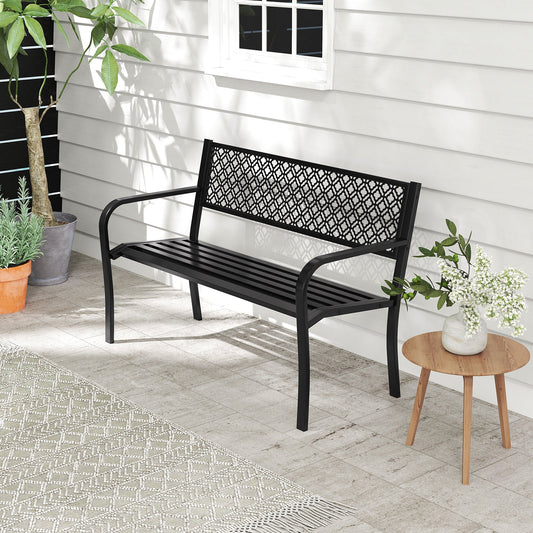 Metal Outdoor Garden Patio Bench with Geometric Lattice Backrest-Black