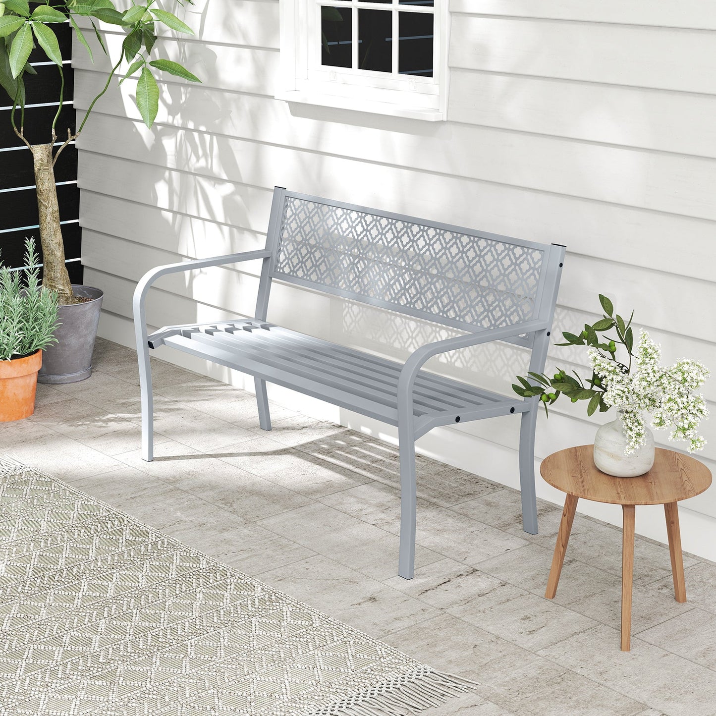 Metal Outdoor Garden Patio Bench with Geometric Lattice Backrest-Grey