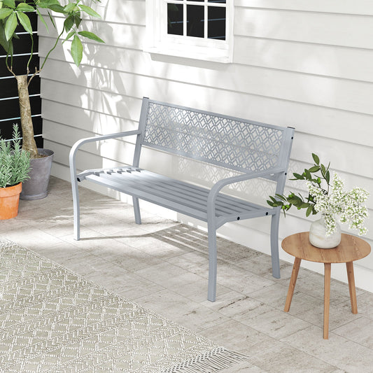 Metal Outdoor Garden Patio Bench with Geometric Lattice Backrest-Grey
