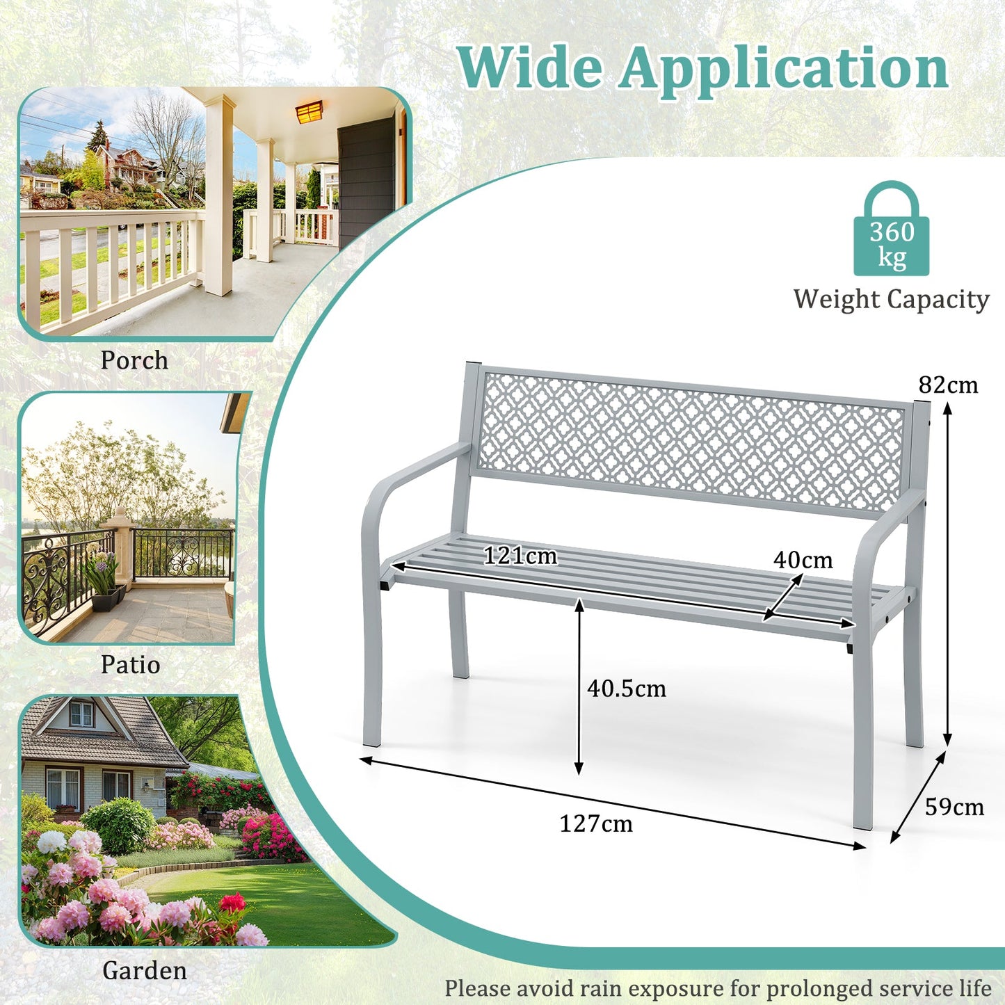 Metal Outdoor Garden Patio Bench with Geometric Lattice Backrest-Grey