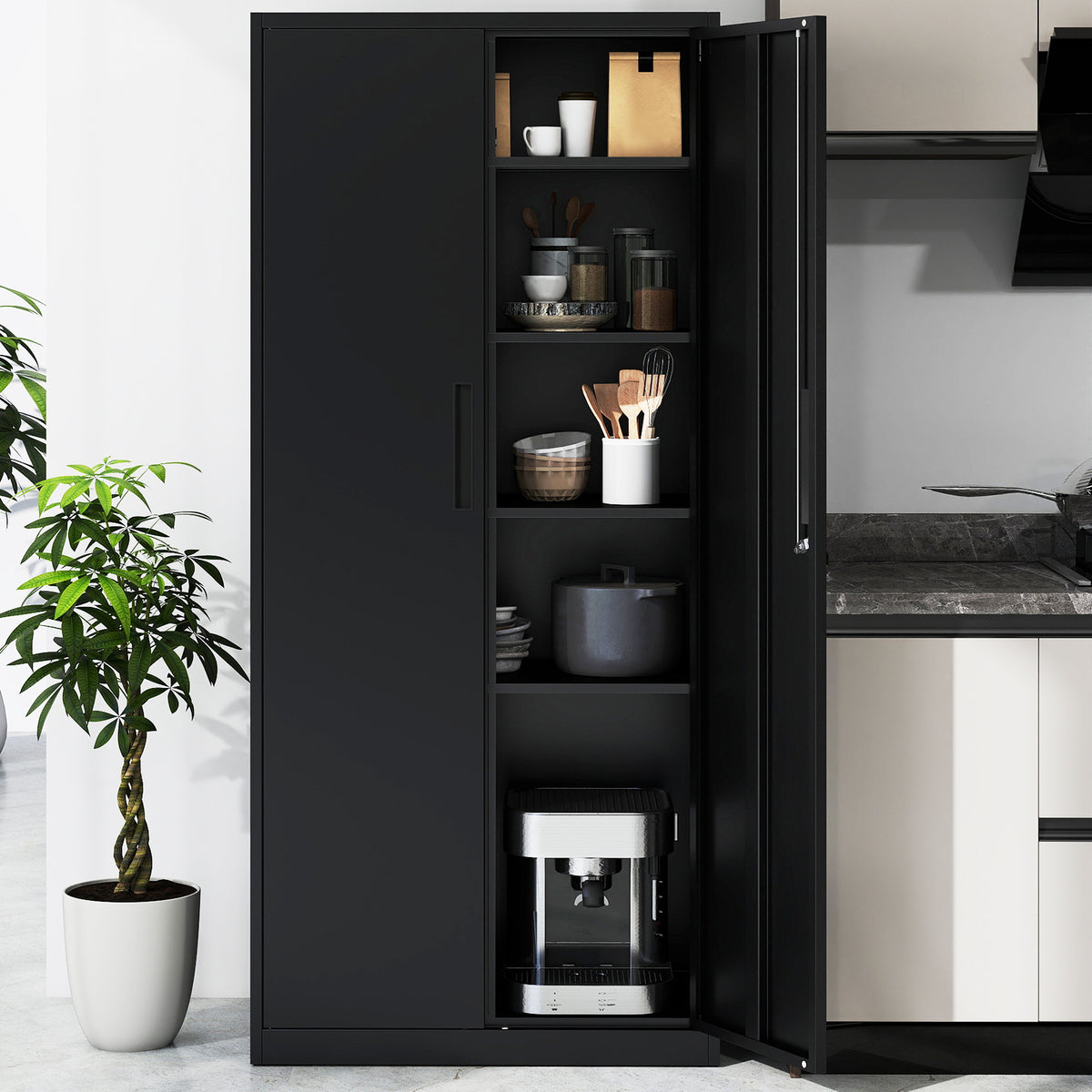 Metal Storage Cabinet with 2 Lockable Doors and 4 Adjustable Shelves-M-Black