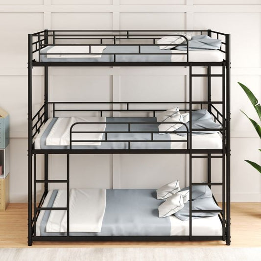 Metal Triple Bunk Bed with Safety Guardrails and 2 Ladders-Black
