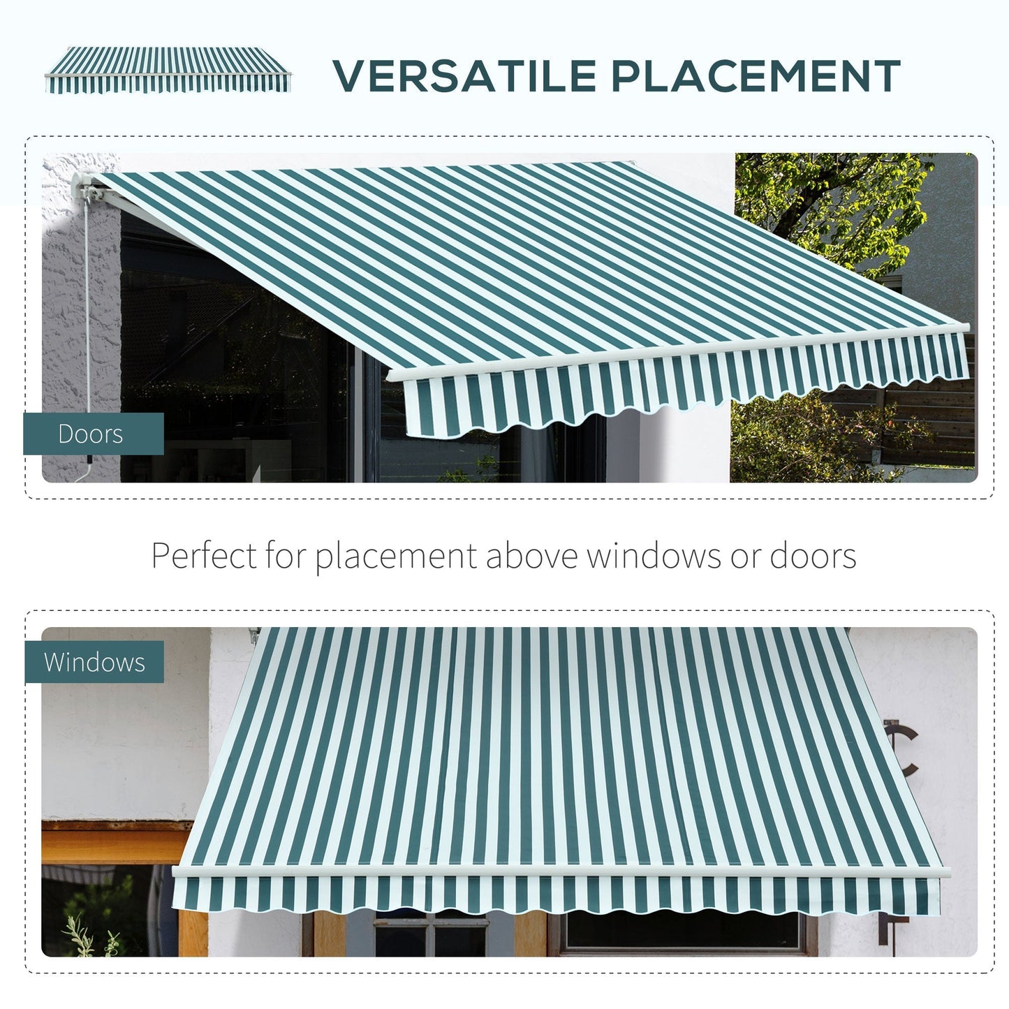 Outsunny 3 x 2.5m Patio Awning, Anti-UV and Waterproof Sun Shade Canopy with Chain Drive and Hand Crank, Green/White Stripes