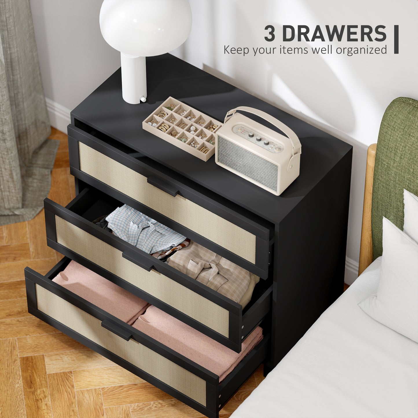 HOMCOM Rattan Bedroom Chest of Drawers, 3 Drawers Storage Unit, Boho Dresser for Living Room, Hallway, Black
