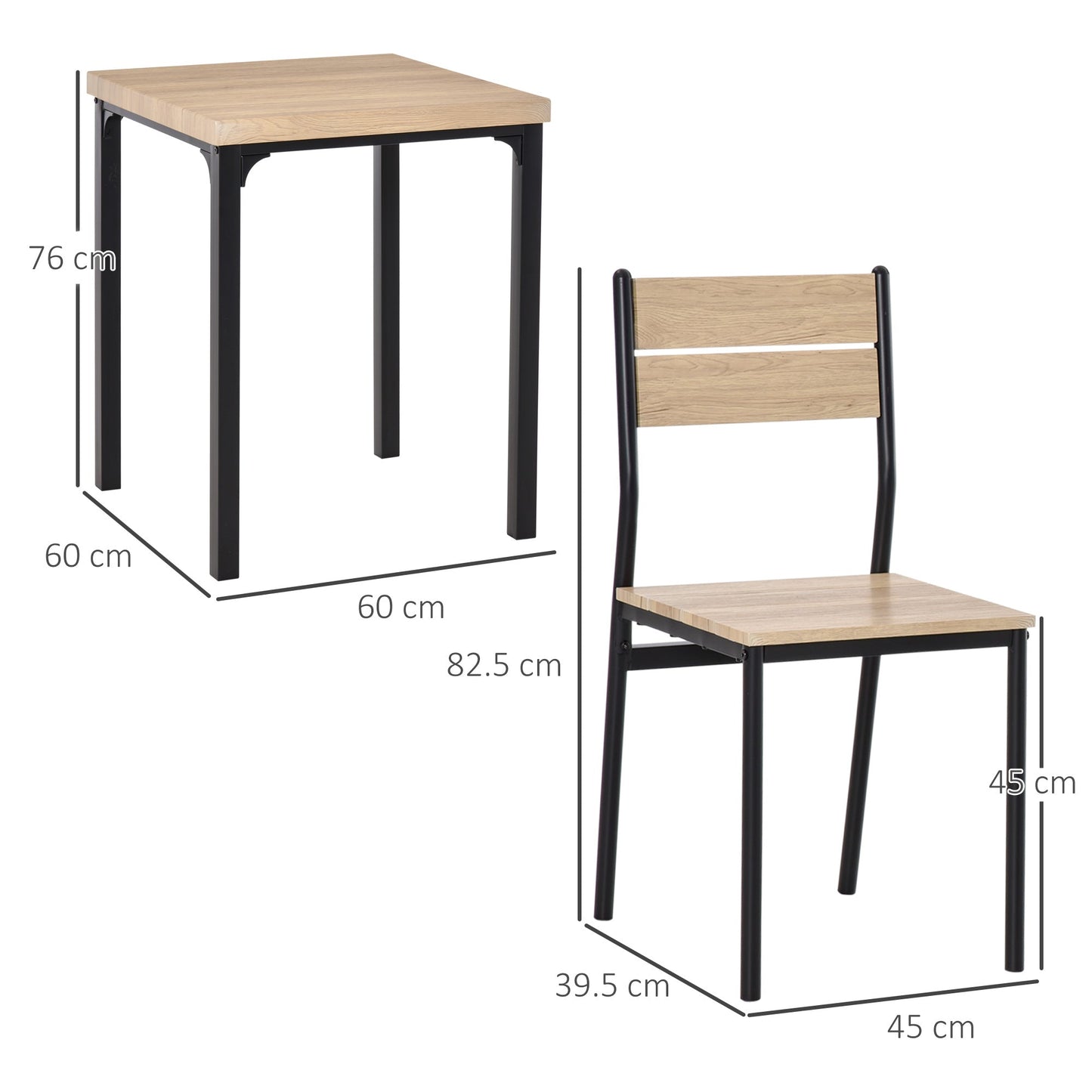 HOMCOM 3 Pieces Compact Dining Table 2 Chairs Set Wooden Metal Legs Bistro cafe Kitchen Breakfast Bar Home Furniture, Light Wood Grain