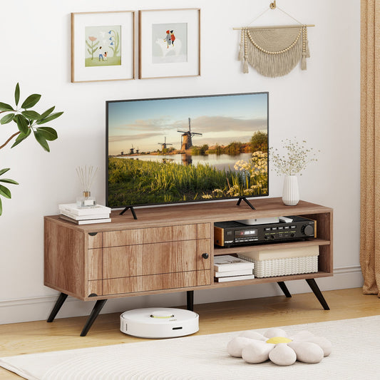 Mid Century Modern Entertainment Center with Cable Hole and Raised Legs-Oak