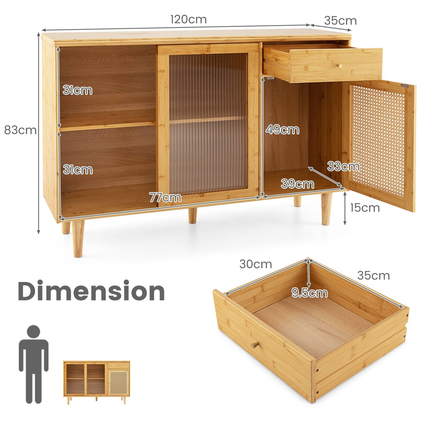 Bamboo Buffet Cabinet with Tempered Glass Sliding Doors and Drawer-Natural