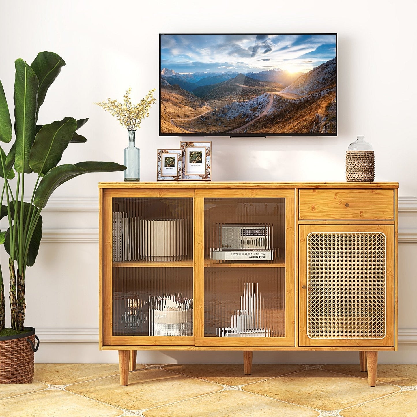 Bamboo Buffet Cabinet with Tempered Glass Sliding Doors and Drawer-Natural