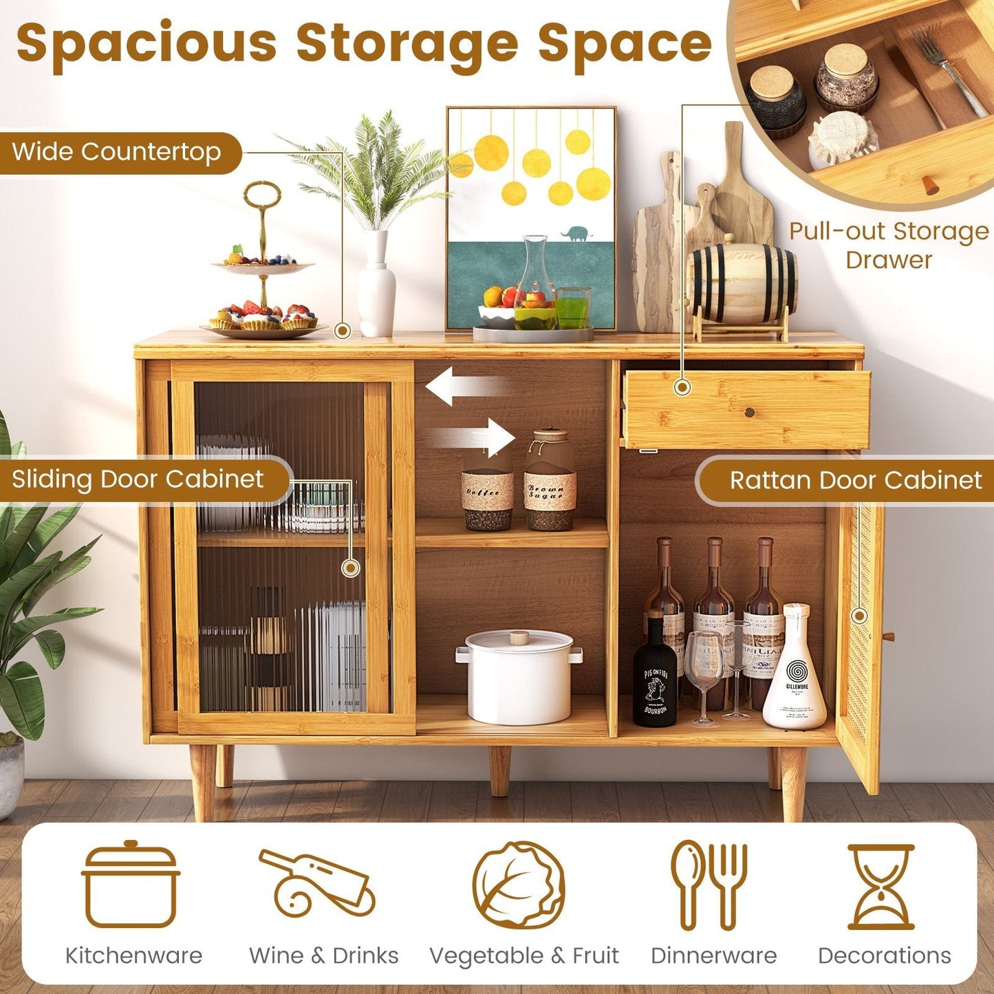 Bamboo Buffet Cabinet with Tempered Glass Sliding Doors and Drawer-Natural
