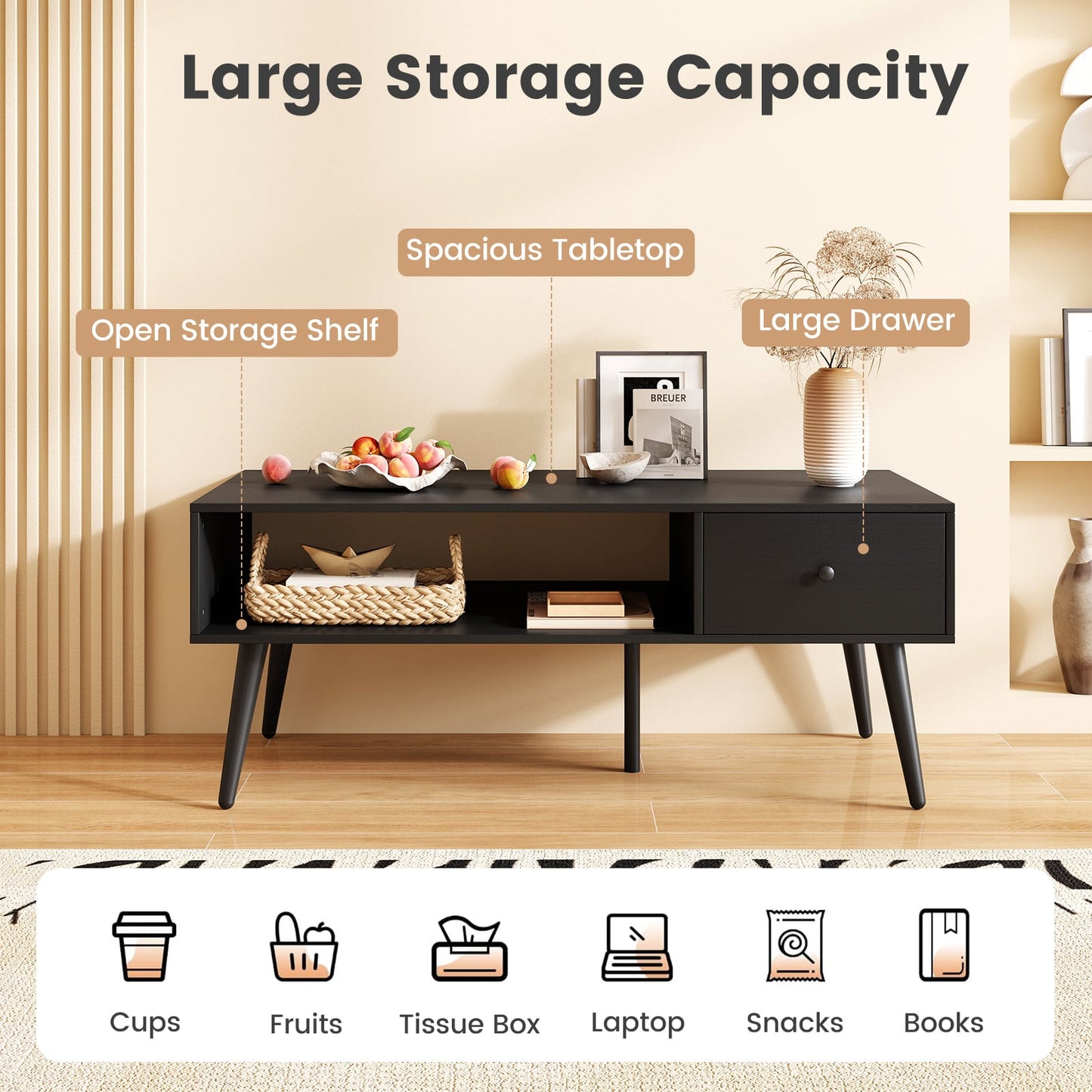 109cm Rectangular Coffee Table with Drawer and Storage Shelf-Black