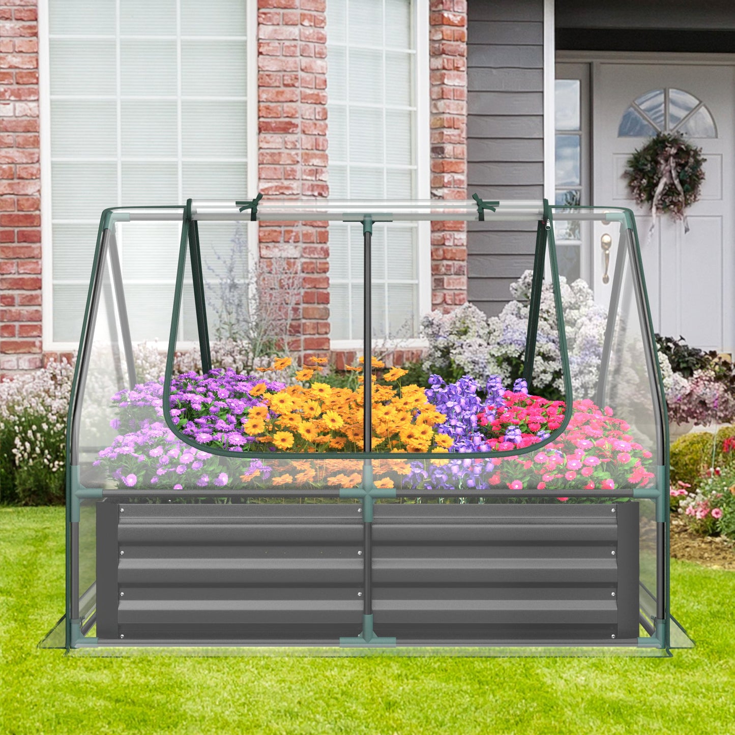 Mini Greenhouse with Roll-up Zipper Doors and Raised Garden Bed-Transparent