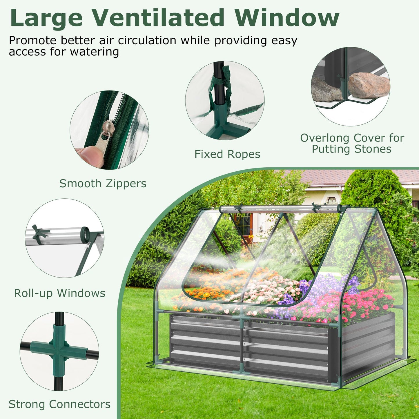 Mini Greenhouse with Roll-up Zipper Doors and Raised Garden Bed-Transparent
