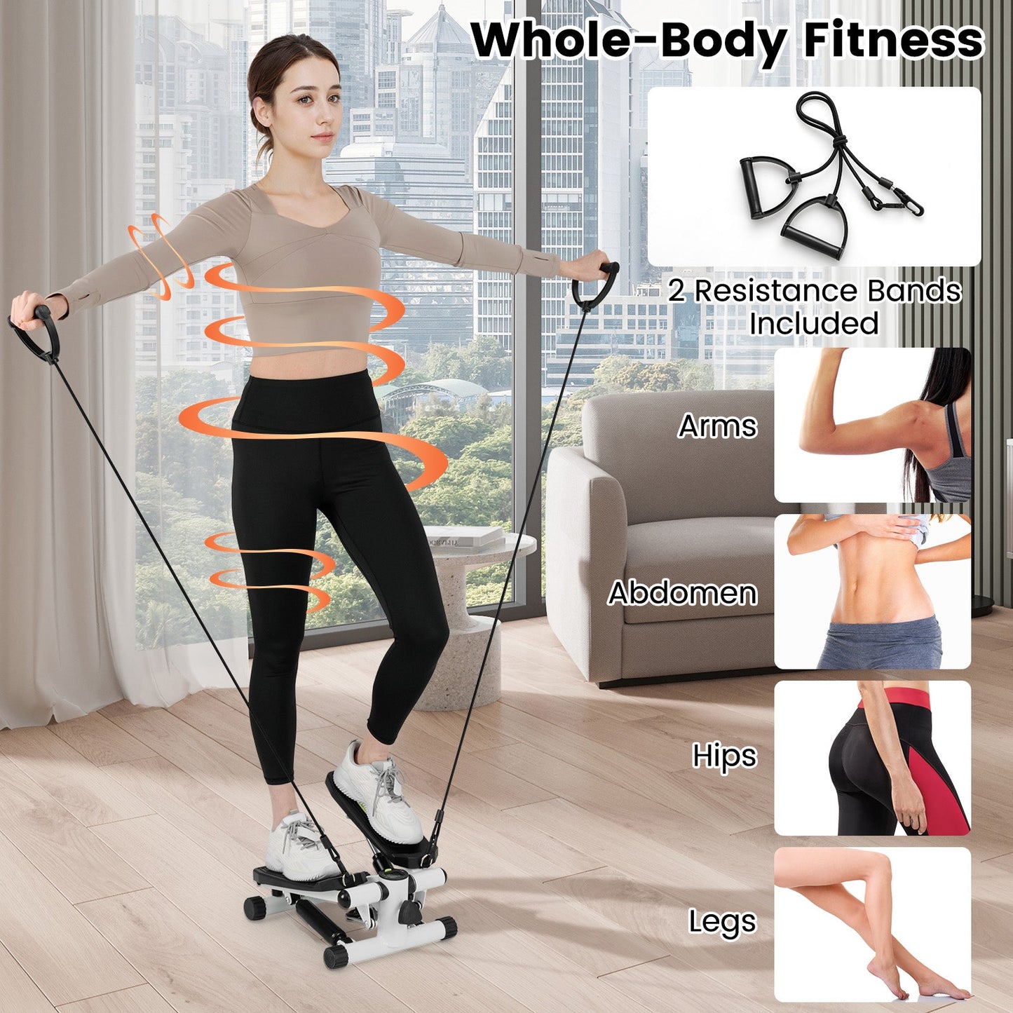 Mini Stepper for Workout Portable Hydraulic Stepper with Resistance Bands-White
