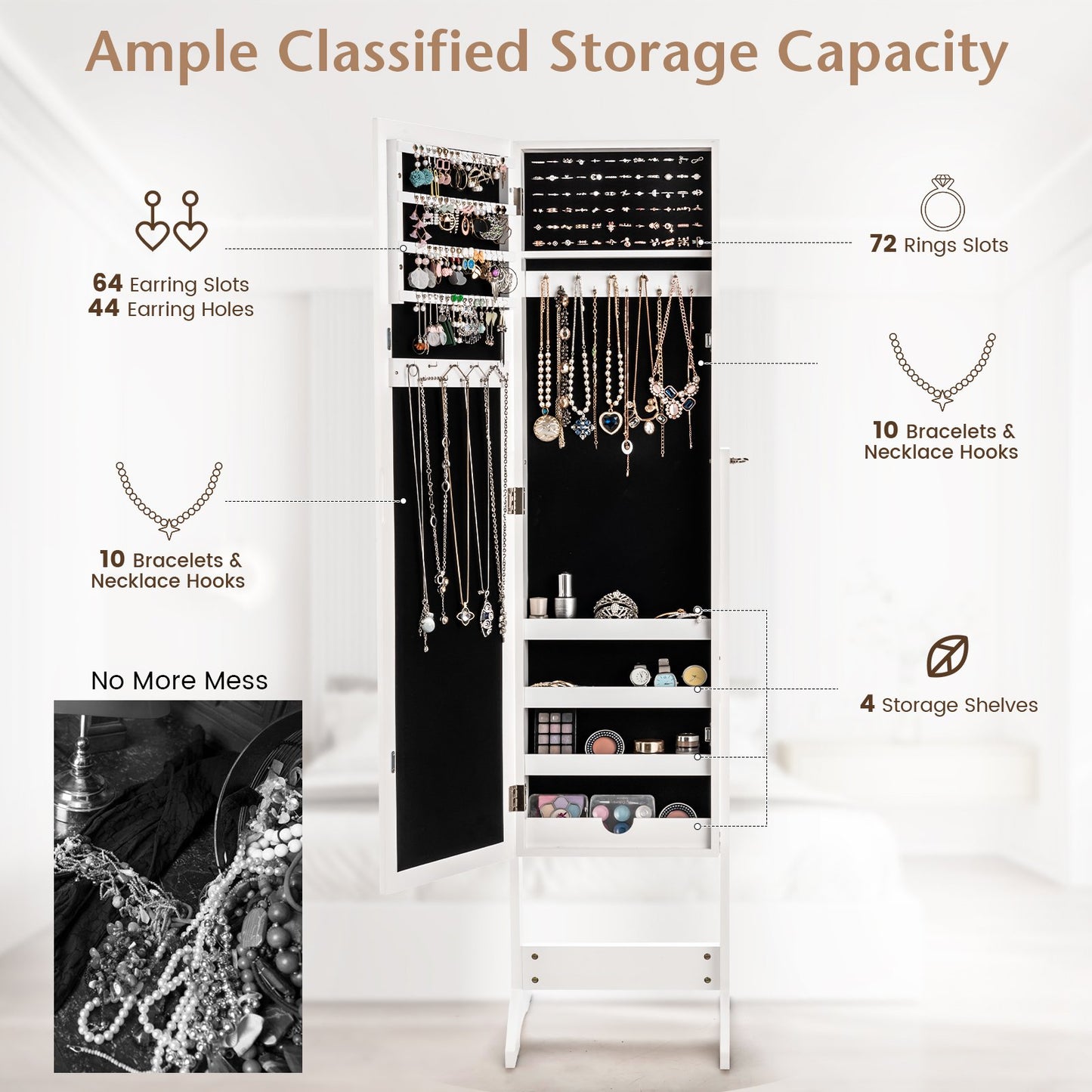Mirrored Jewelry Armoire with Full-Length Mirror and 3 Tilting Angles-White