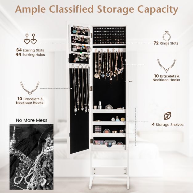 New Mirrored Jewelry Cabinet Armoire Mirror Organizer Storage Box Ring w/ Stand-White