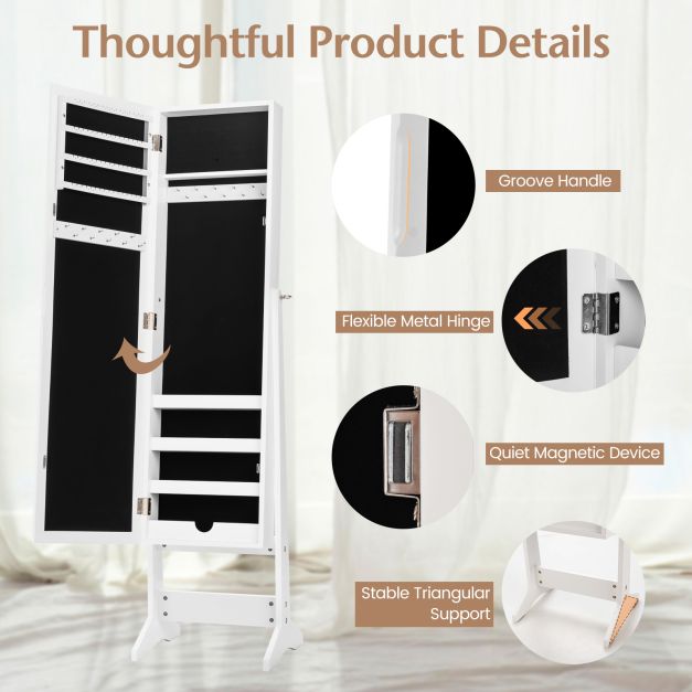 New Mirrored Jewelry Cabinet Armoire Mirror Organizer Storage Box Ring w/ Stand-White