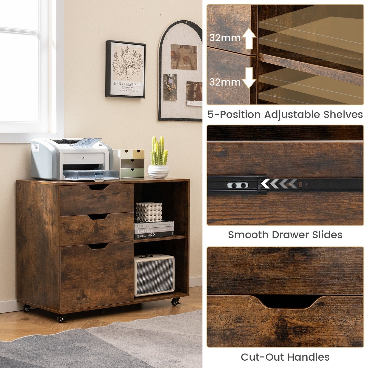 Mobile File Cabinet with 3 Pull-out Drawers and Adjustable Shelf-Rustic Brown