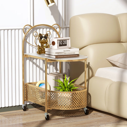 Mobile Glass Coffee Table with Bear Pattern and Storage Basket-Golden