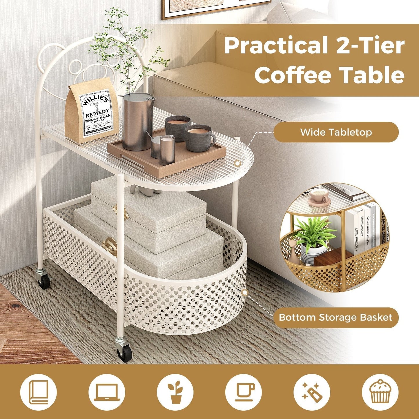 Mobile Glass Coffee Table with Bear Pattern and Storage Basket-White