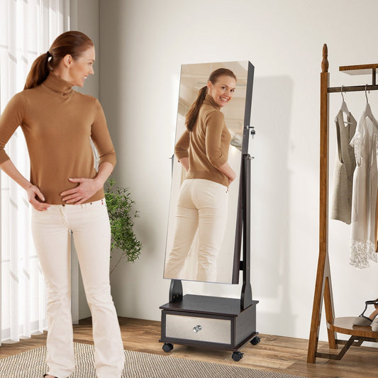 Standing Jewelry Armoire with Full-Length Mirror LED Lights and Drawers-Brown