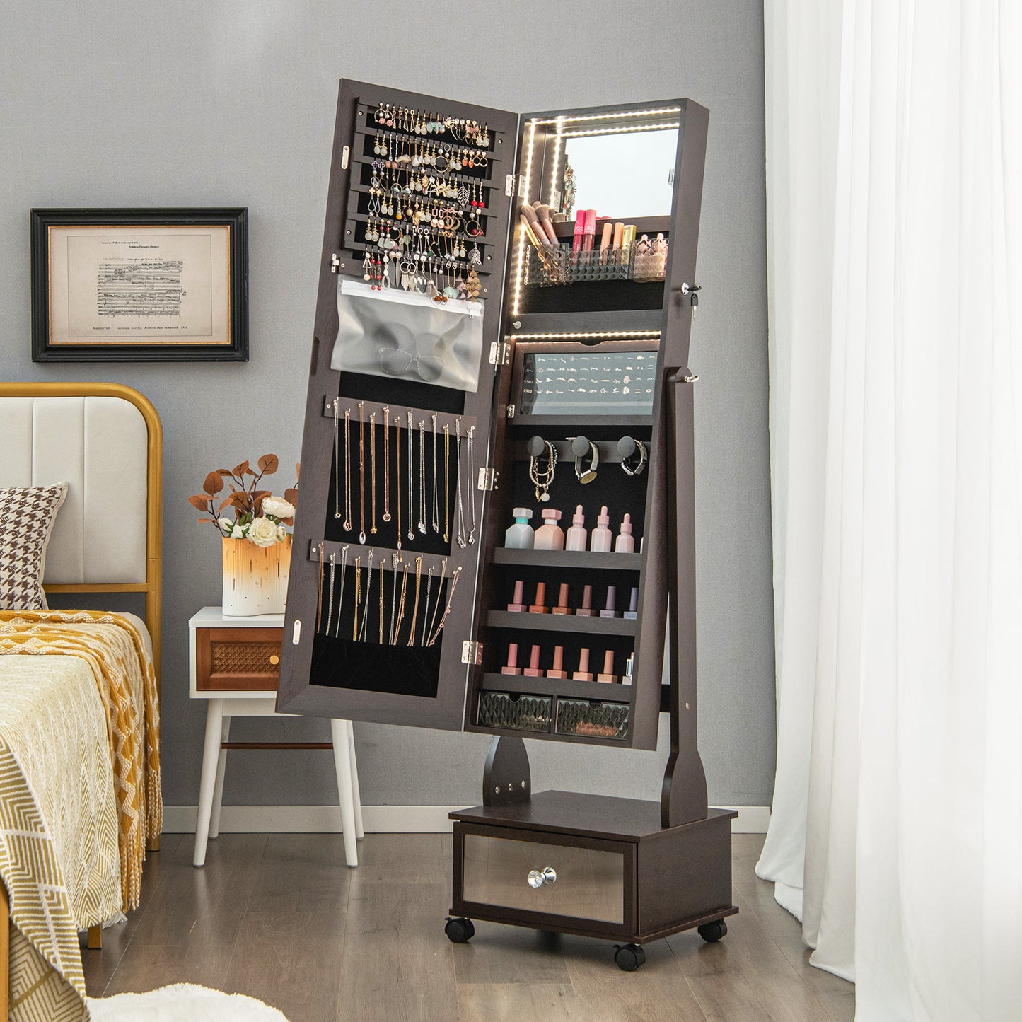 Standing Jewelry Armoire with Full-Length Mirror LED Lights and Drawers-Brown