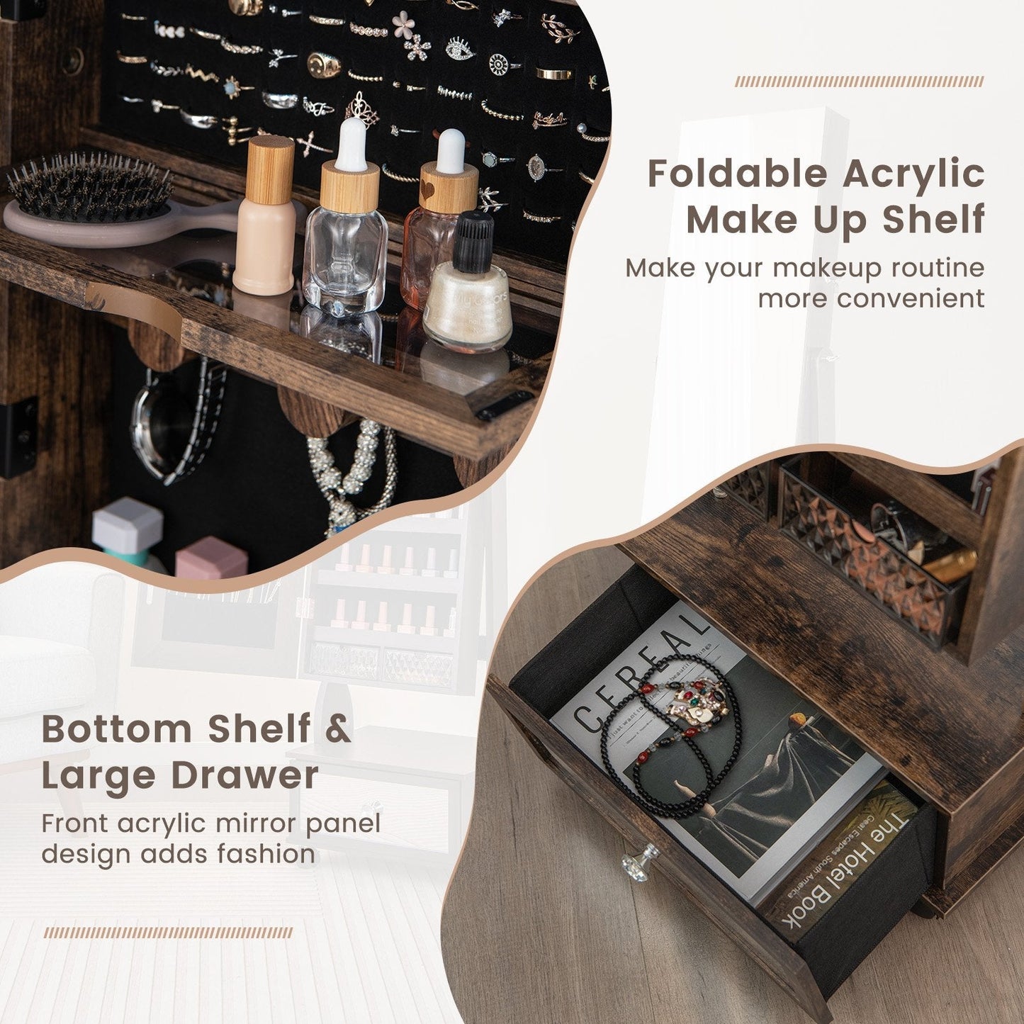 Standing Jewelry Armoire with Full-Length Mirror LED Lights and Drawers-Coffee