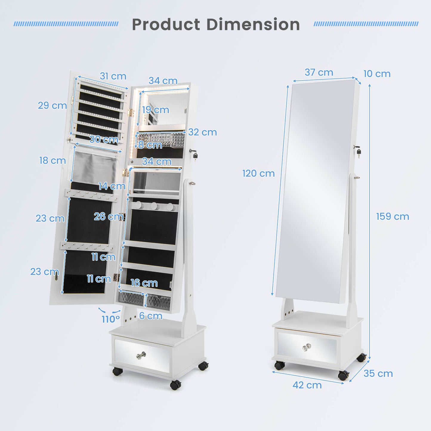 Standing Jewelry Armoire with Full-Length Mirror LED Lights and Drawers-White