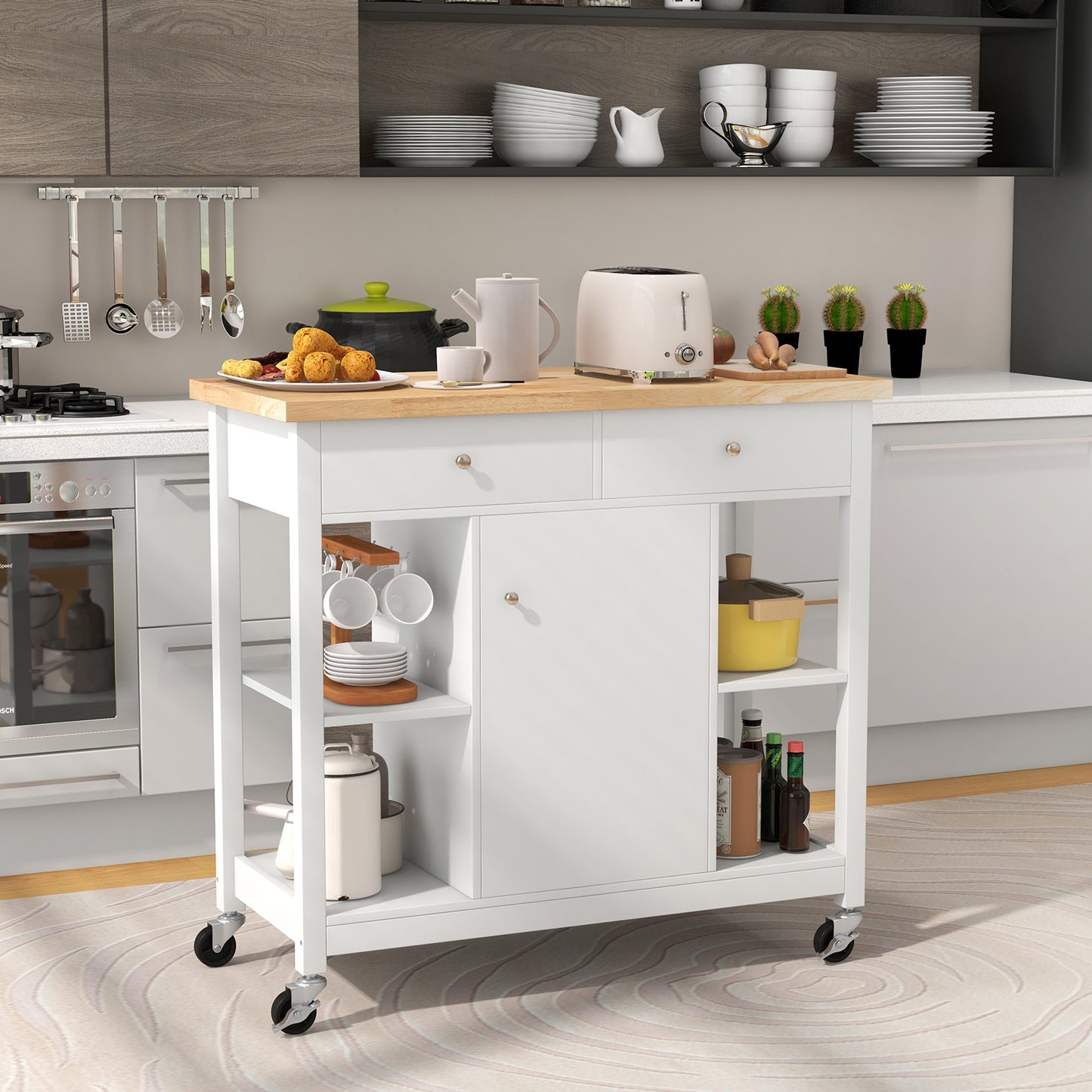 Mobile Kitchen Island Cart Rolling Kitchen Island with Rubber Wood Top-White