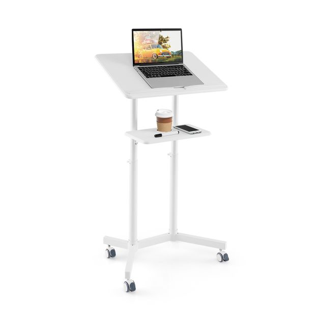 Mobile Lectern Podium Height-adjustable Rolling Laptop Cart with Tilting Top Storage Tray-White