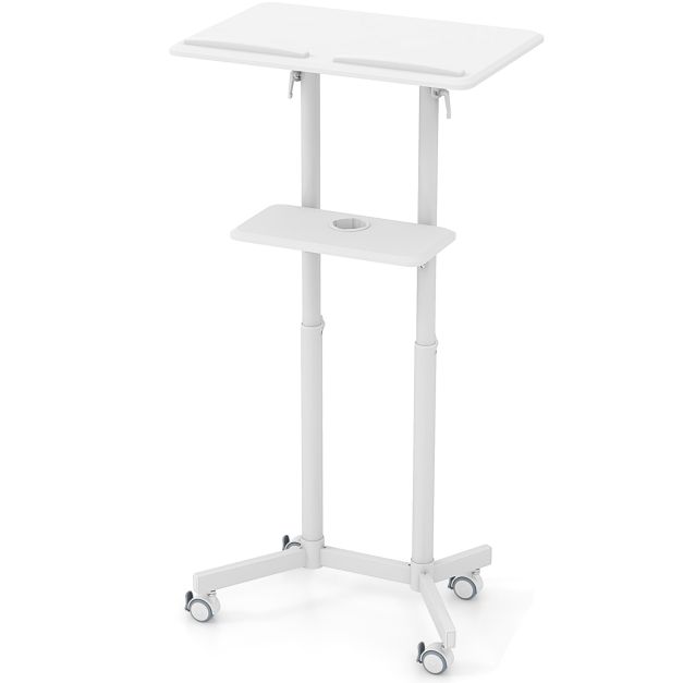 Mobile Lectern Podium Height-adjustable Rolling Laptop Cart with Tilting Top Storage Tray-White