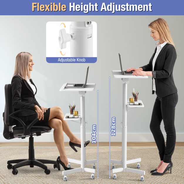 Mobile Lectern Podium Height-adjustable Rolling Laptop Cart with Tilting Top Storage Tray-White