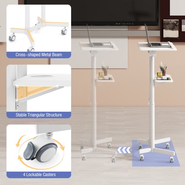 Mobile Lectern Podium Height-adjustable Rolling Laptop Cart with Tilting Top Storage Tray-White