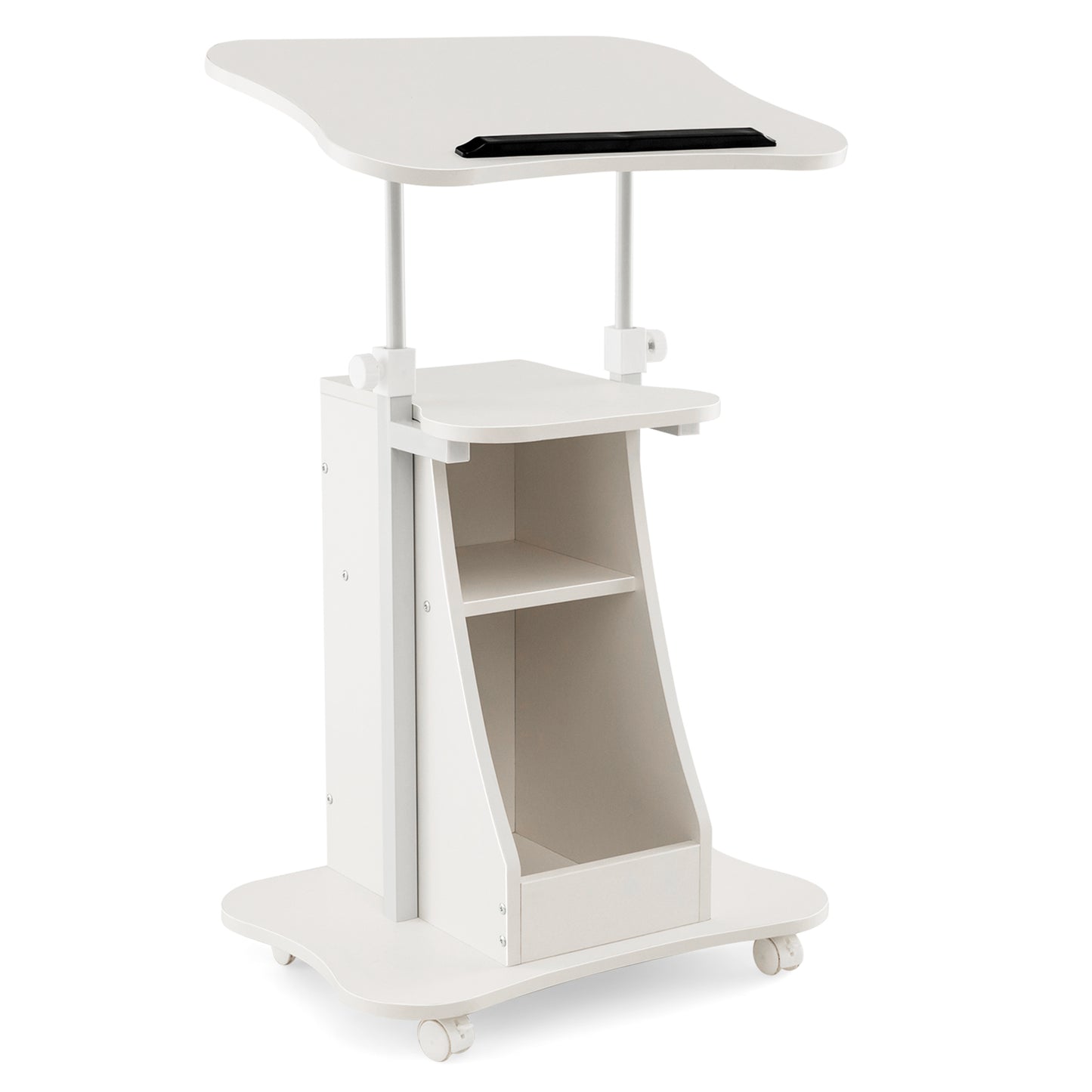 Mobile Podium Stand Height Adjustable Laptop Cart with Tilting Tabletop and Storage Compartments-White