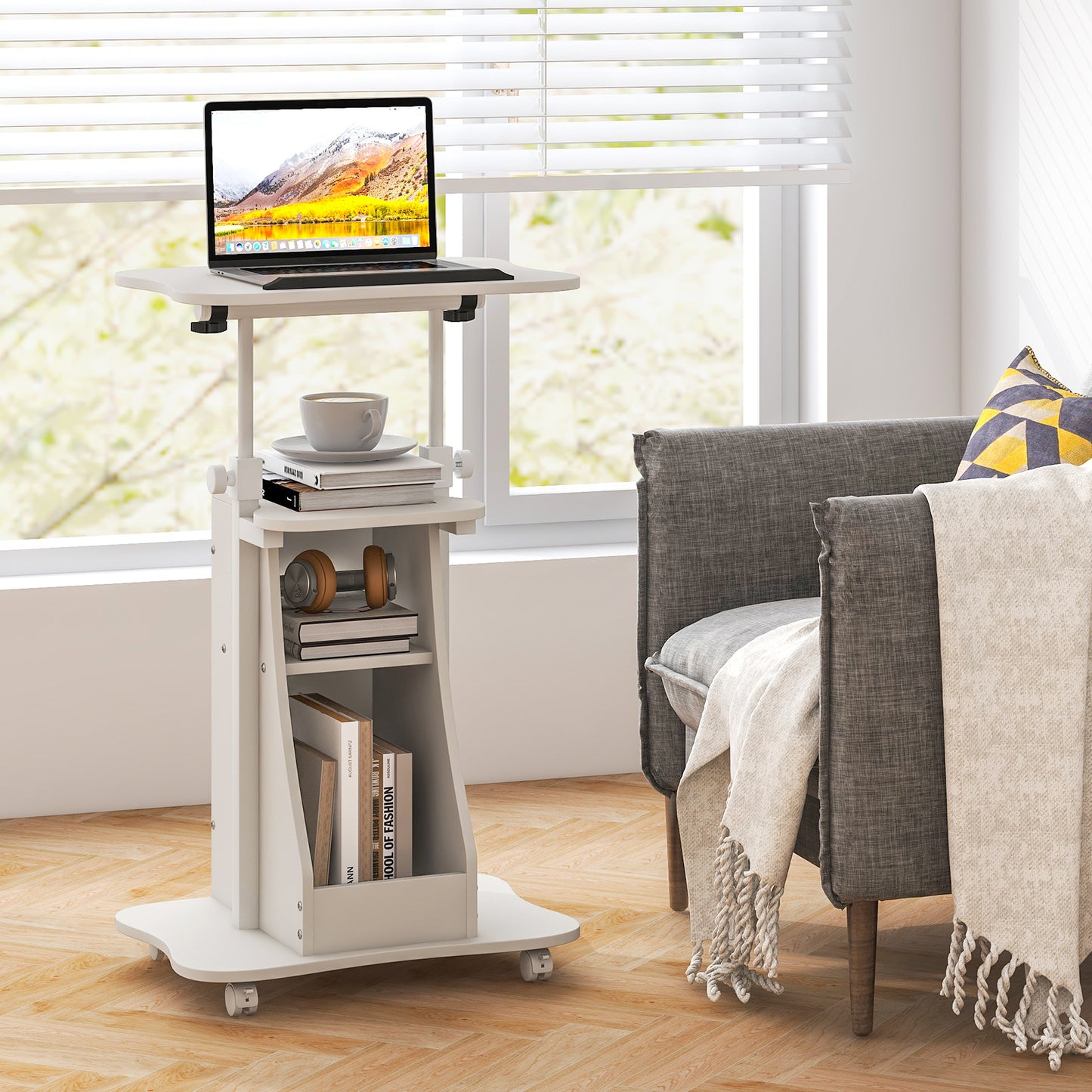 Mobile Podium Stand Height Adjustable Laptop Cart with Tilting Tabletop and Storage Compartments-White