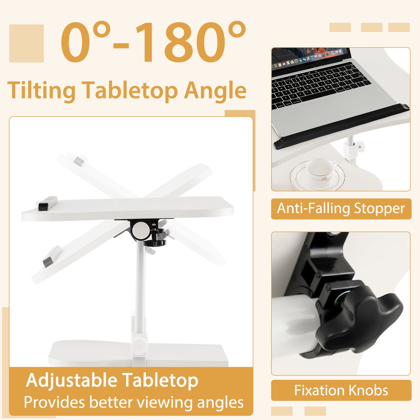 Mobile Podium Stand Height Adjustable Laptop Cart with Tilting Tabletop and Storage Compartments-White